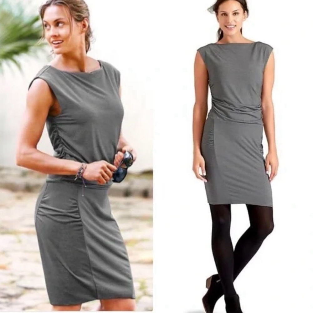 Athleta Grey Westwood Micro Stripe Ruched Dress Sleeveless Size XS